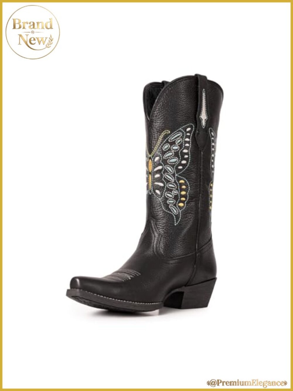Genuine Leather Cowgirl Boots Embroidered Pointed Toe Chunky Heel Pull Tabs